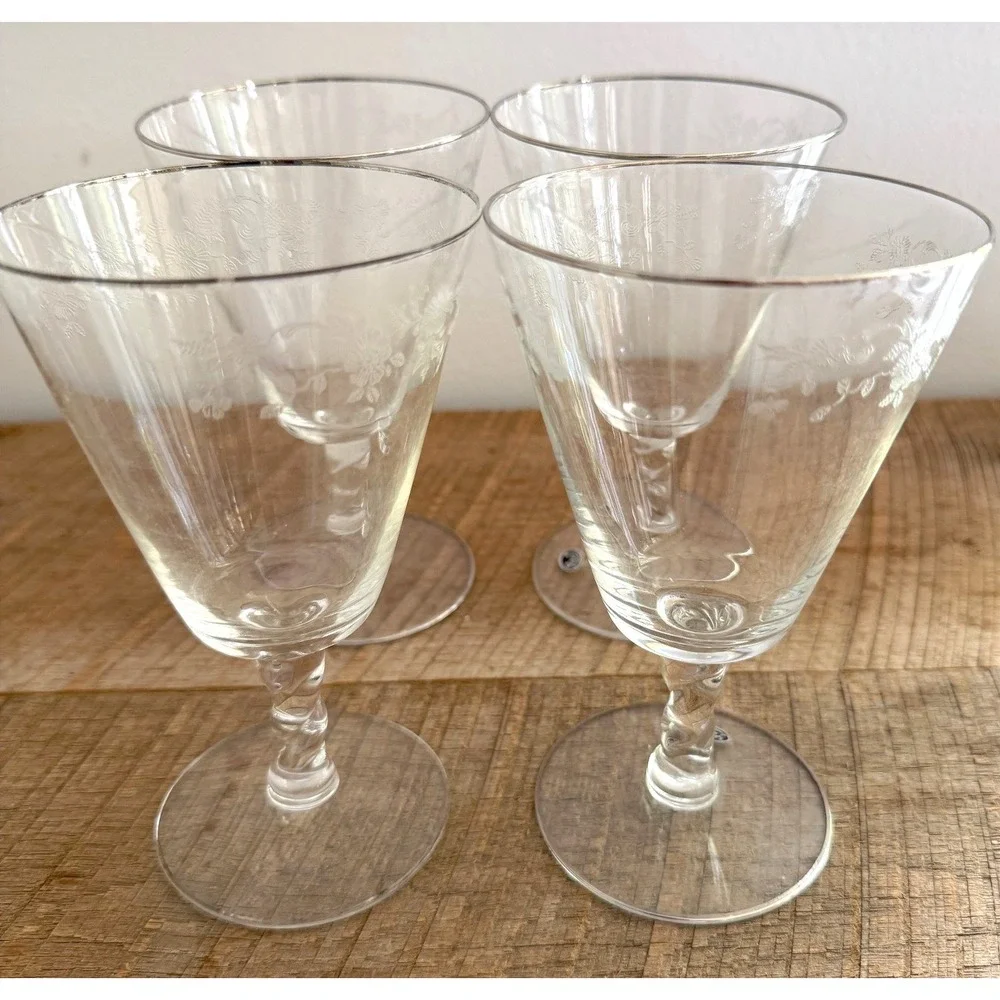 1950's Glastonberry Lotus Etched Floral Stemware Set of 4 Vintage MCM Bar Cart